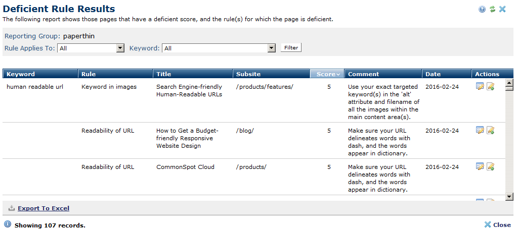 Deficient Rule Results dialog