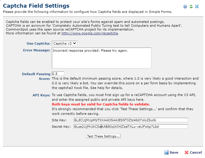 Captcha Field Settings dialog