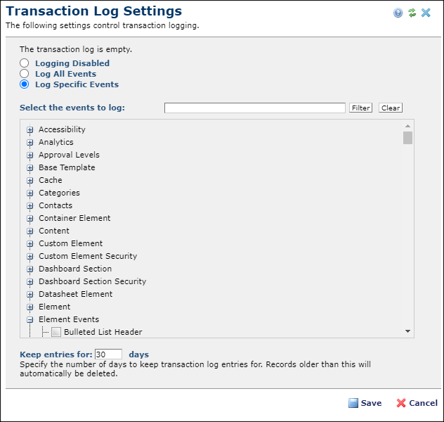 Transaction Log Settings dialog